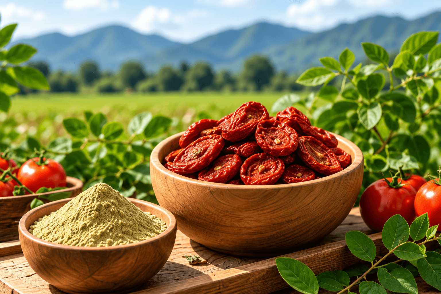 Organic spices and farm produce in wooden bowls
